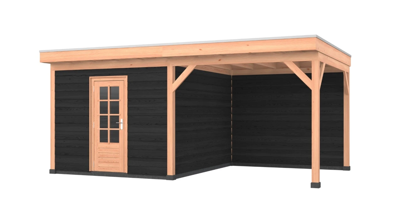 Douglas overkapping, 600 x 350, met zwarte schuur en achterwand, Westwood Comfort - Afbeelding 1